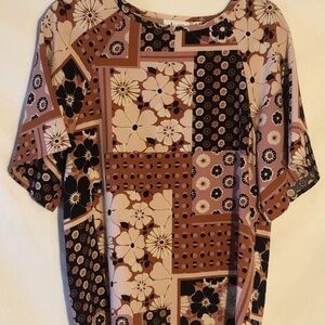 Denim & Co Women XS Relaxed Floral Patchwork Short Wide Sleeve Top Pink Brown